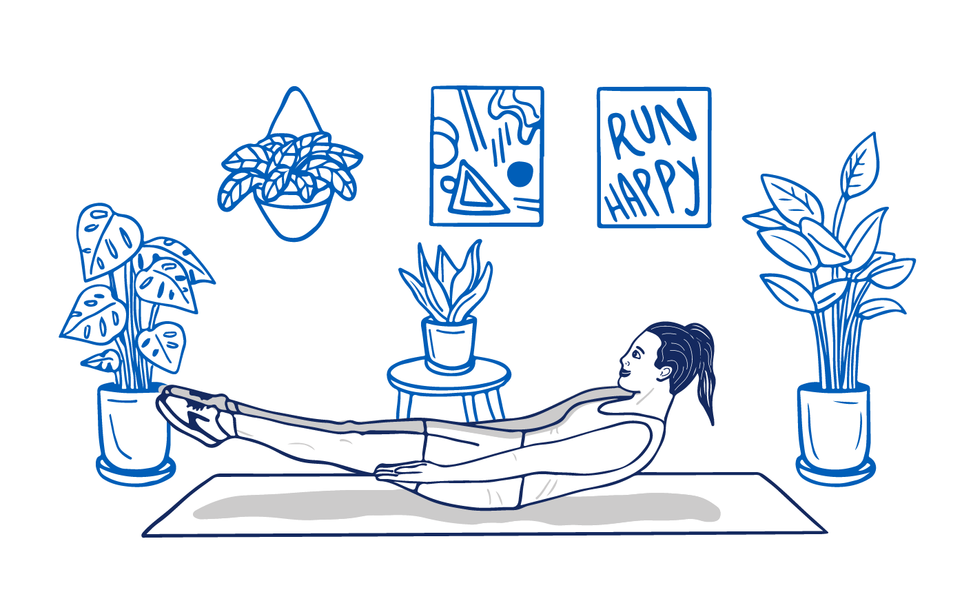 Een illustratie van een vrouw die V-ups doet op een yogamat in haar woonkamer, omringd door kamerplanten, een abstract schilderij en een poster met de tekst “Run Happy”.