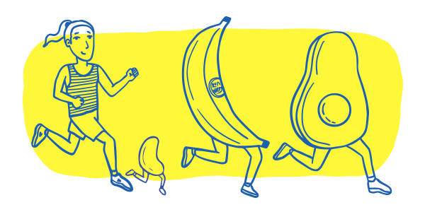 llustration of a woman running with a bean, a banana, and an avocado