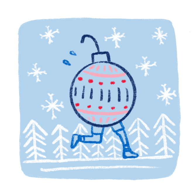 A funny chalk art style illustration of a Christmas ornament with legs runs along a forest trail while it’s snowing. 