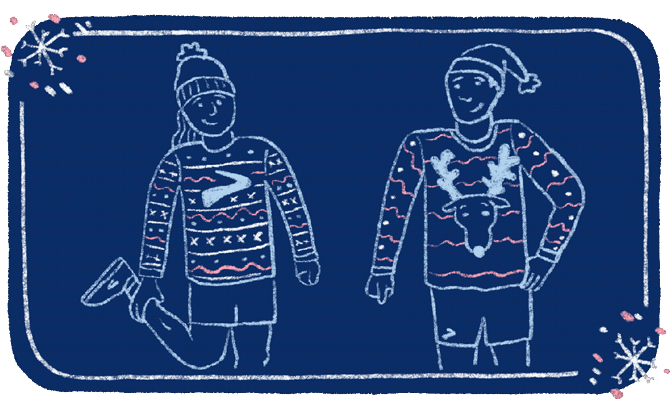An animated GIF of a stretching woman wearing a holiday sweater adorned with a Brooks Running logo and a man standing next to her wearing in a holiday sweater with a reindeer on it. Both people and sweaters depicted flash red in the GIF. 