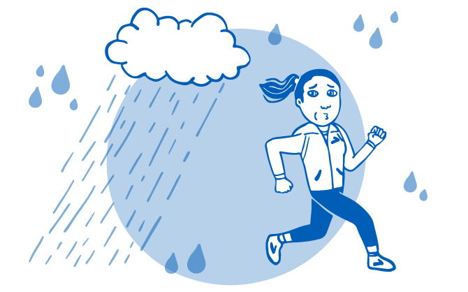 Illustration of runner trying to avoid rain drops