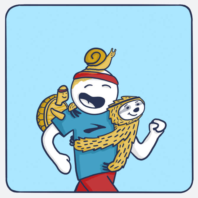 Illustration einer Person beim Laufen mit einer Schnecke, einem Faultier und einer Schildkröte.