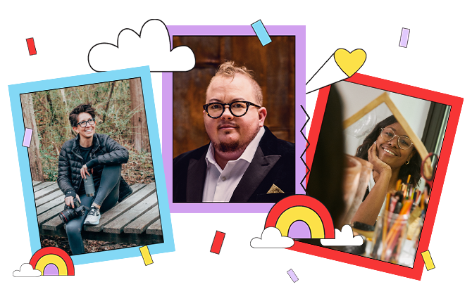 Three images with colourful borders showing three different people