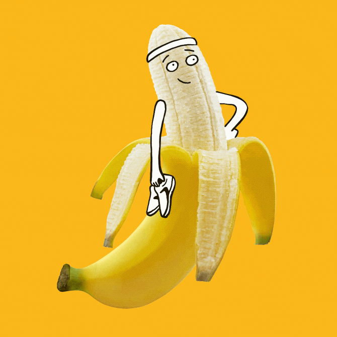 Amusing animated GIF of a smiling, half-peeled banana with facial features and legs wearing a headband and holding a pair of Brooks running shoes.