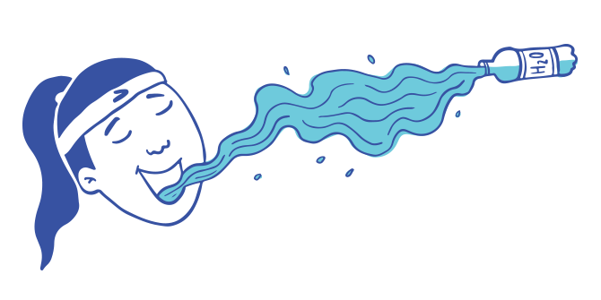 Illustration d’une femme buvant comiquement un jet d’eau coulant d’une bouteille