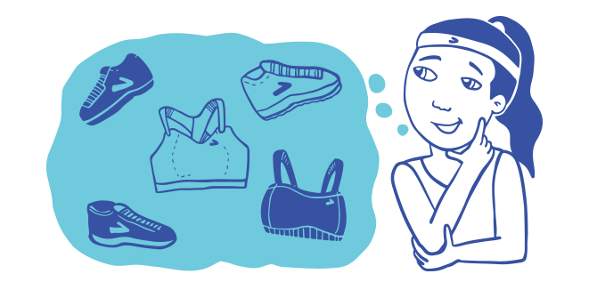 Illustratie van een vrouw die nadenkt over verschillende opties voor sport-bh’s en -schoenen