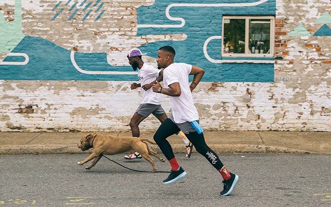 Two runners with a dog