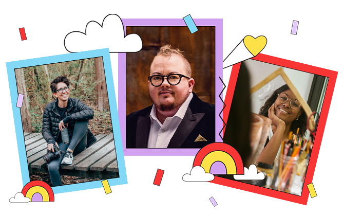 Three images with colorful borders showing three different people