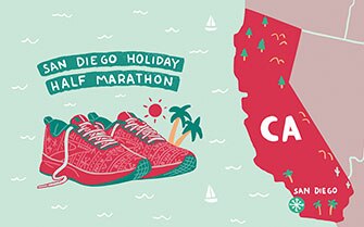 Close up illustration of California with San Diego Half Marathon sign and Brooks' Run Merry shoes