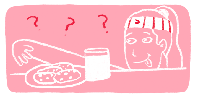 An illustration of a woman sticking her tongue out in hunger as she gestures towards a plate of cookies and glass of milk.