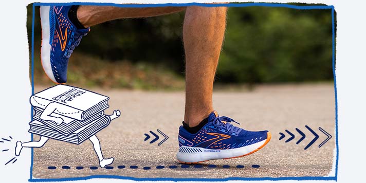 Vista laterale dei polpacci e dei piedi di un runner che indossa le scarpe Adrenaline e illustrazione di un piccolo libro con le gambe 
