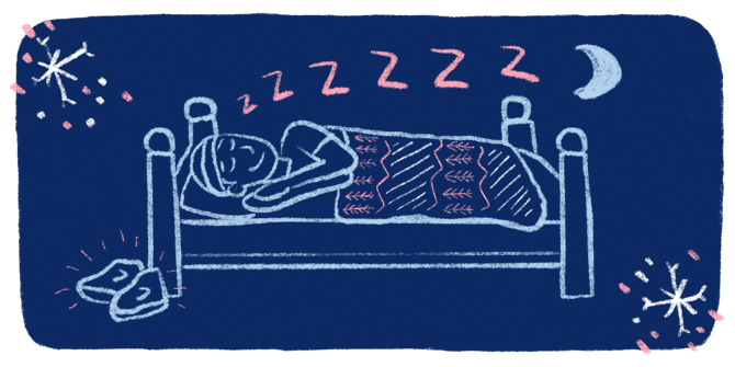 Een krijtkunstillustratie van een hardloper die glimlacht terwijl hij slaapt in een bed met hardloopschoenen die op de vloer liggen en klaar zijn voor de ochtendrit. 
