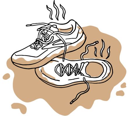 Abbildung von einem Paar schmutziger Brooks-Schuhe, die in einer Pfütze mit braunem Schlamm stehen.