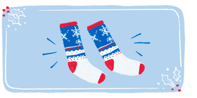 An illustration of a festive pair of holiday socks featuring snowflakes, holiday lights and red, white, and blue coloring.