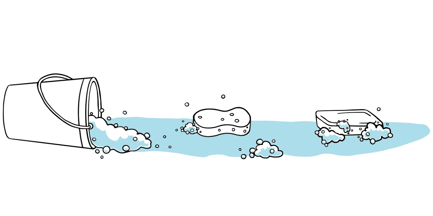 Illustration of a bucket, sponge, and bar of soap spread out on the floor sitting in clean water. 