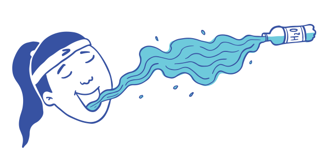 llustratie van een vrouw die op grappige wijze stromend water uit een fles drinkt