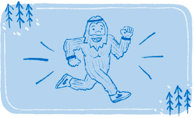 Illustration fantaisiste d’un Bigfoot portant des chaussures Brooks et un bandeau, et qui court à travers la forêt. 