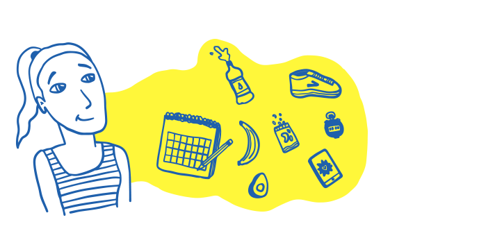 Illustration d’une femme avec divers objets de course, dont un calendrier, une chaussure, une banane, un avocat, un mélange de sentiers, une bouteille d’eau, une médaille et un appareil mobile représentant une application de course.