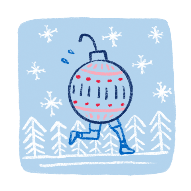 Une illustration amusante de style dessin à la craie avec des jambes qui courent sur une piste en forêt sous la neige. 