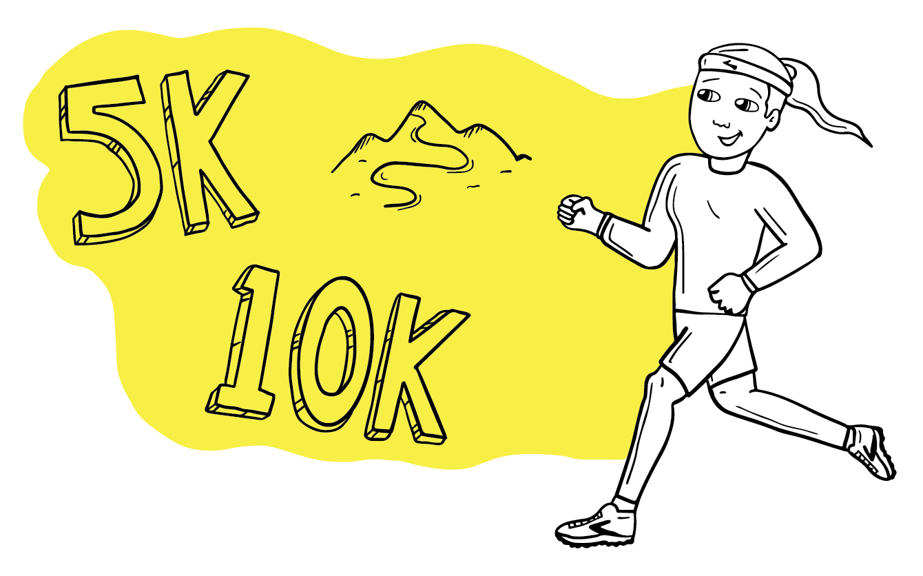 Illustration d’une fille courant vers un panneau de 5 km et 10 km