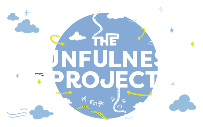 Un mondo illustrato con il testo “The Runfulness Project” davanti, circondato da nuvole, luccichii e frecce.