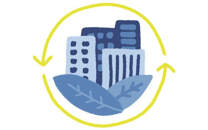 Illustration of a building with leaves