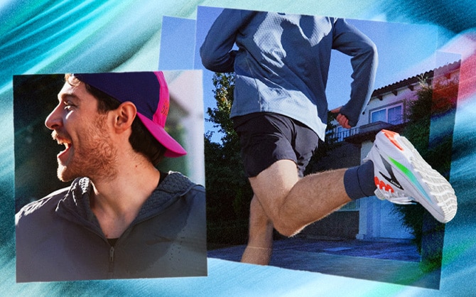 A collage of a man running and smiling against a blue background.