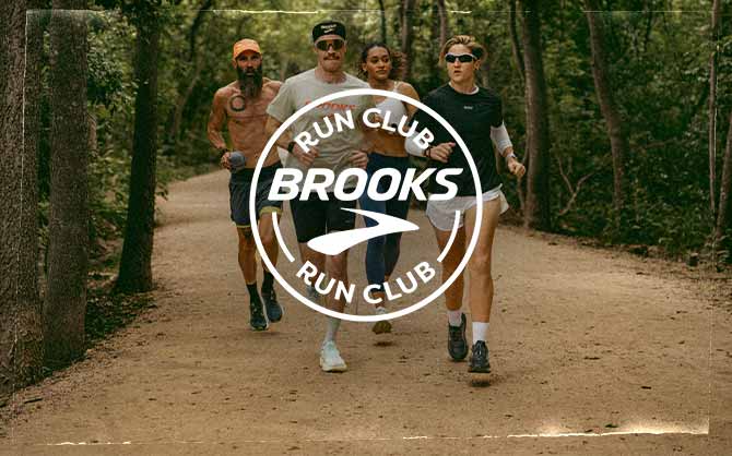 Brooks Run Club logo placed in front of a group of four individuals running on a trail