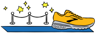 An illustrated running shoe on a blue carpet