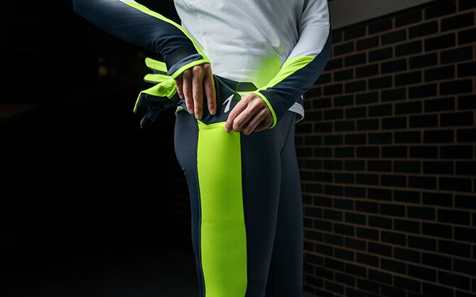 Model wearing the new reflective tight