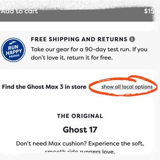 Screenshot of Shop Locally on brooksrunning.com