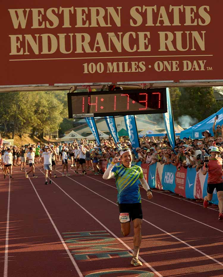 Chris Myers crossing the finish line at the 2025 Western States Endurance Run