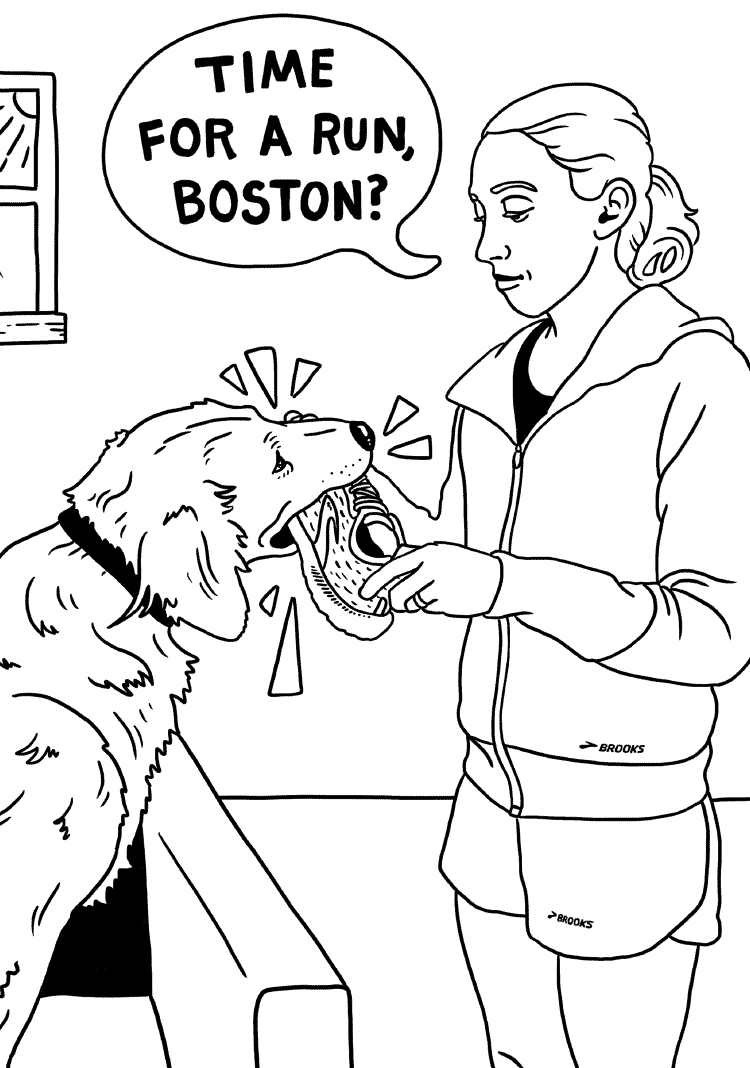 dibujo animado de Des Linden con un perro