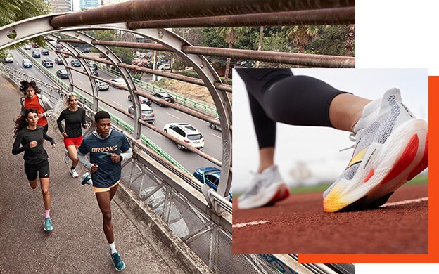 Runners on the left, on the right is a close-up of a running shoe