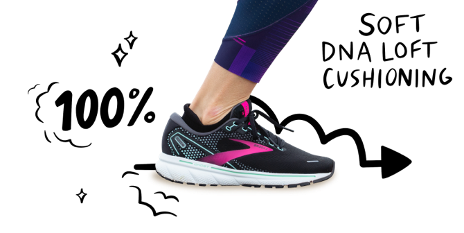 A close up of a foot wearing the Ghost 14 with an arrow behind the shoe pointing to the right. “100%” is handwritten to the left of the foot and “soft DNA LOFT cushioning” is handwritten to the right.