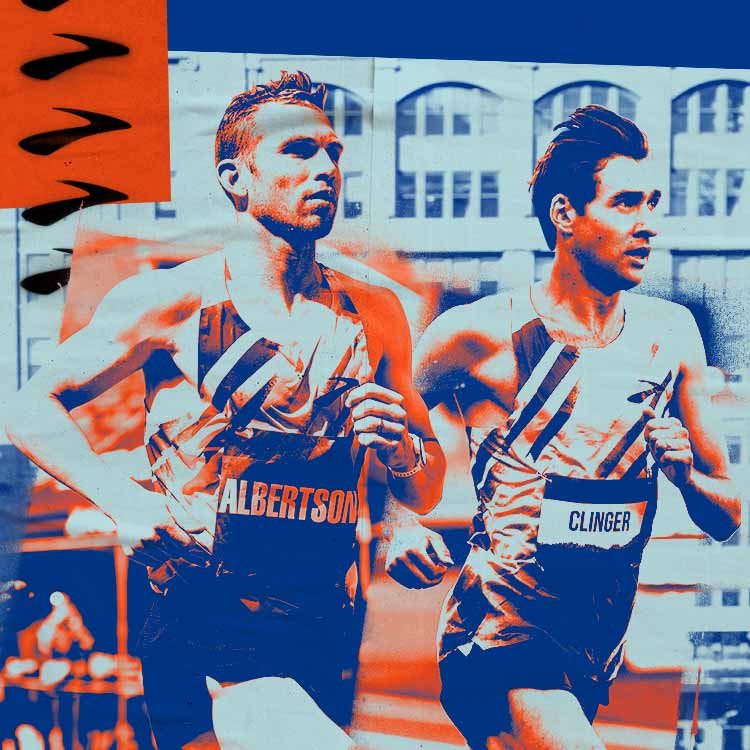 Two people running against a blue background