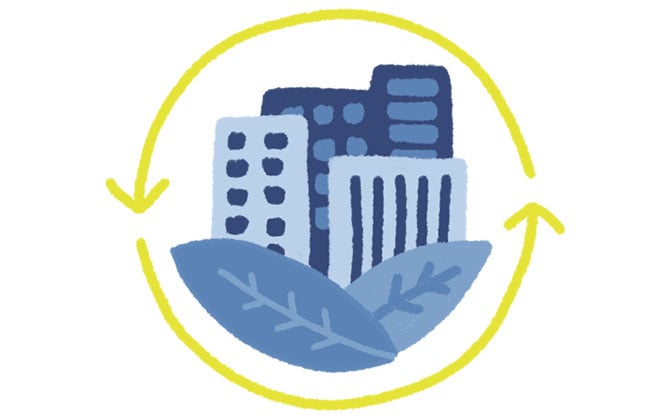 Illustration of a building with leaves
