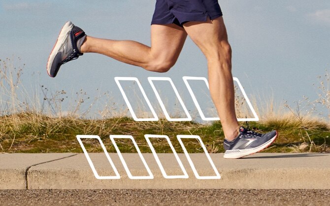 A close-up of the legs of a man running in the Adrenaline GTS 22, with illustrations of white rectangles beside the shoes.