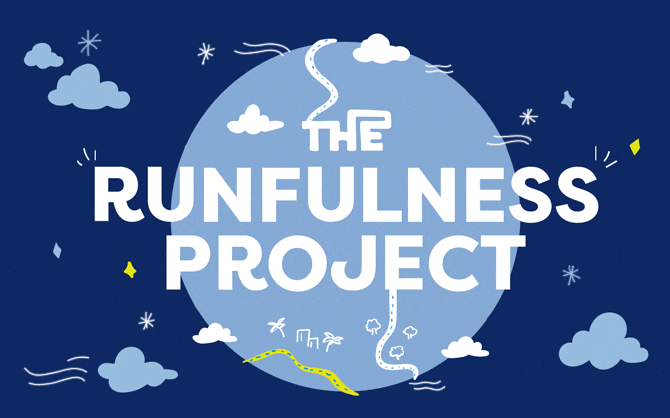 An illustrated world with the text "The Runfulness Project" in front of it, surrounded by clouds, sparkles, and arrow graphics.