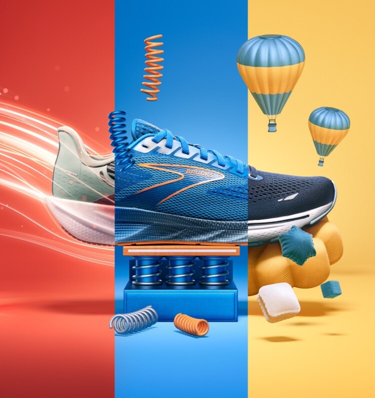 Image scindée de chaussure de running avec un fond rouge, bleu et jaune