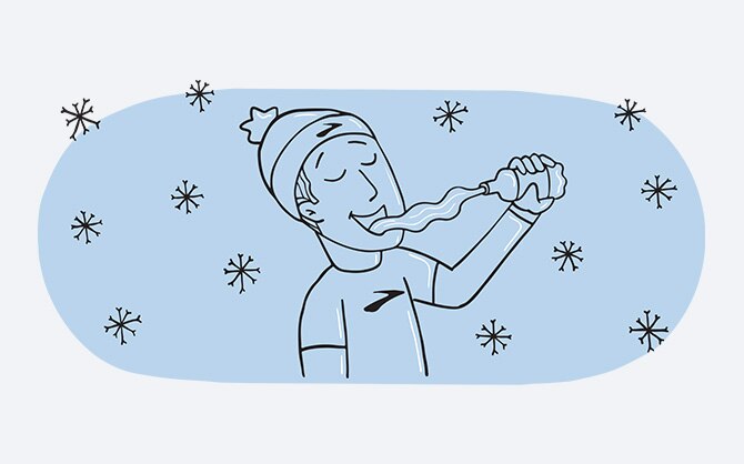 Illustration of a man wearing mittens and a beanie hat who has gotten his tongue stuck to a pole in cold weather.