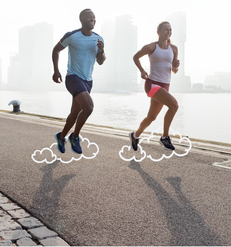 Two runners with illustrated clouds under their feet.
