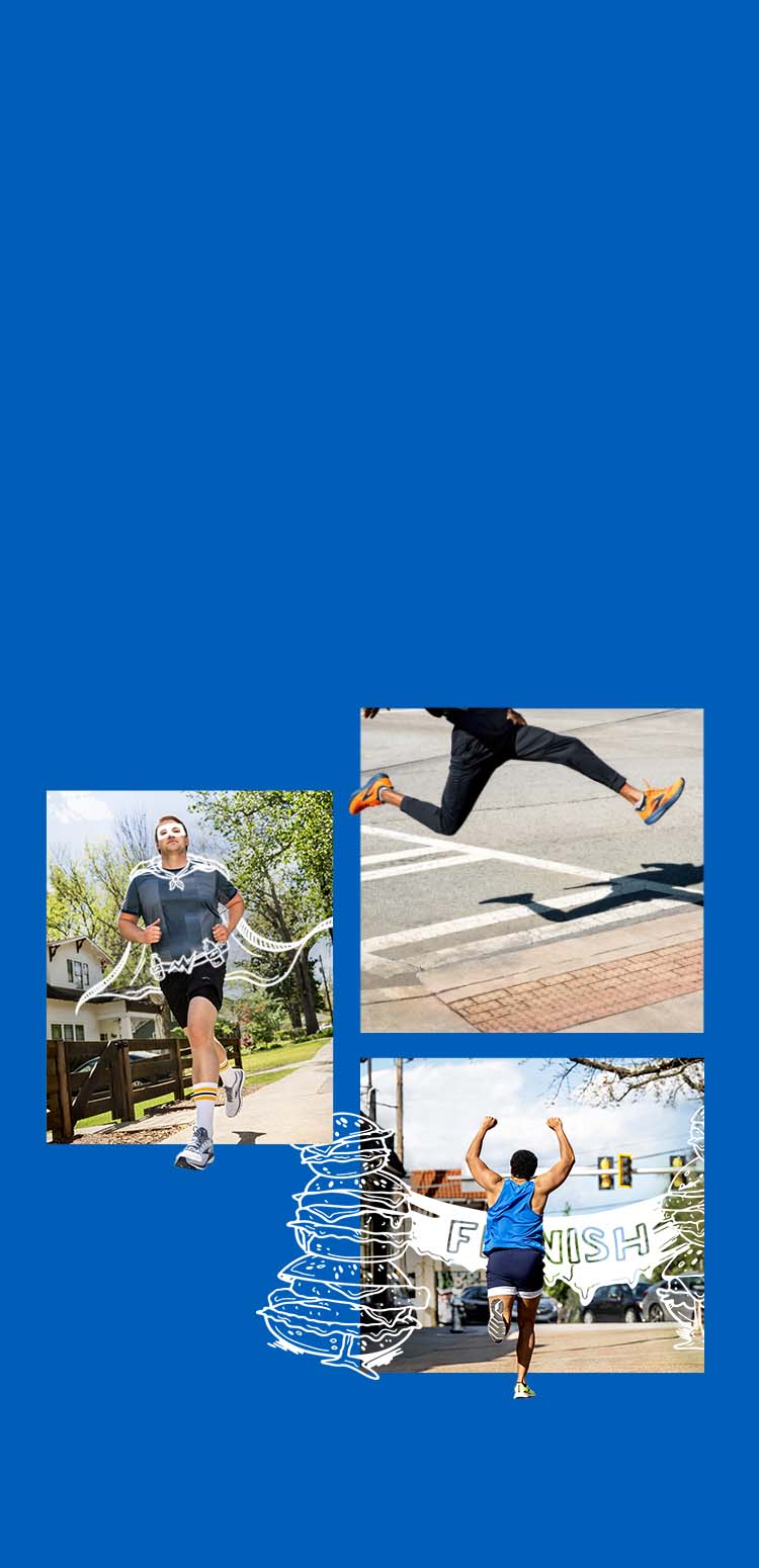Three photos of runners with illustrated finish line and cape