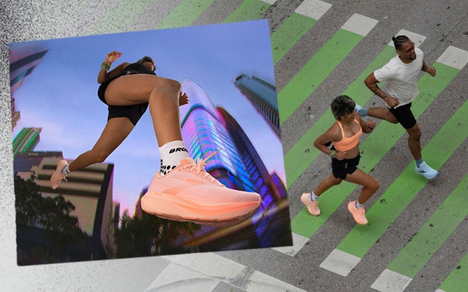 A collage showcasing the Brooks Ghost Amp shoe next to a pair of runners running on a sidewalk
