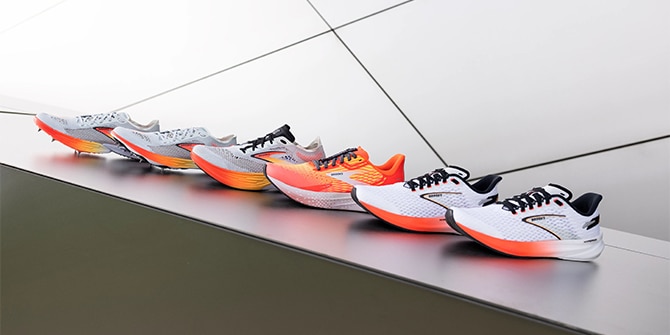 Long shot of the whole series of Hyperion Speed running shoes