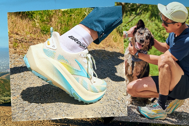 Ghost trail shoe for men in light blue and yellow