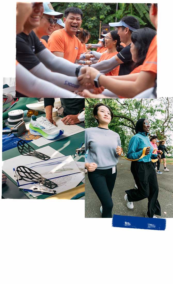 Un groupe de personnes heureuses se serrant la main pendant que d’autres courent.