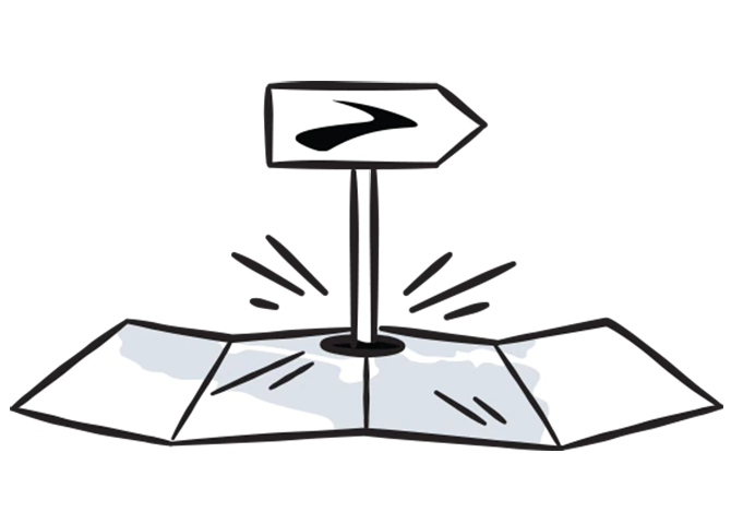 An illustration of a signpost with the Brooks logo stuck into the center of an unfolded map.