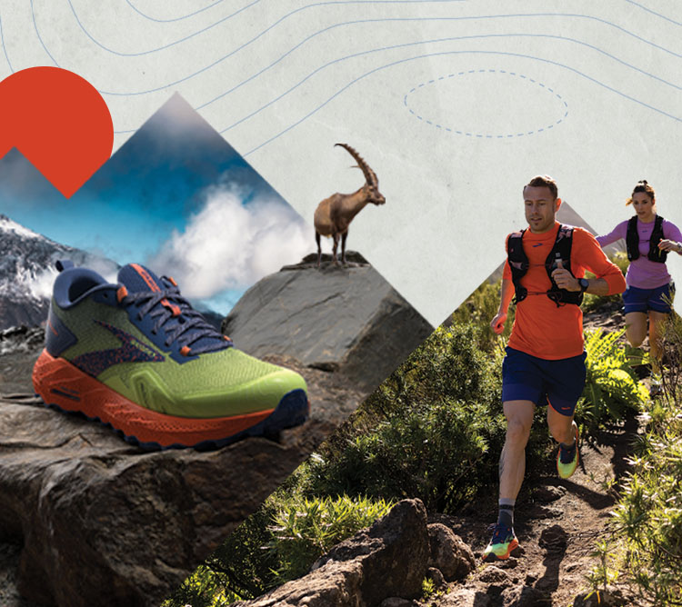 A shoe, mountain goat, and two trail runners in the mountains