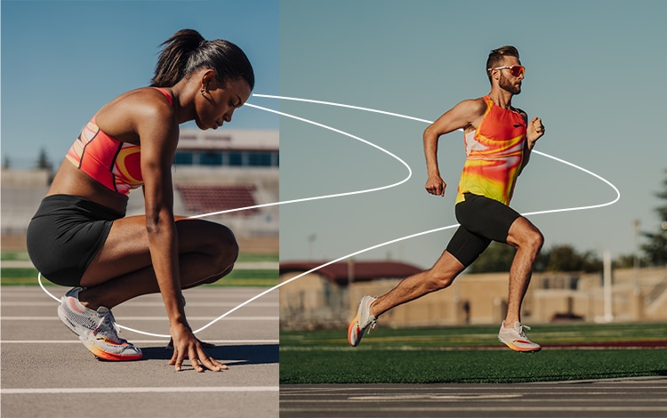 Immagine suddivisa in due di Josh Kerr e di un’atleta donna che corrono in pista